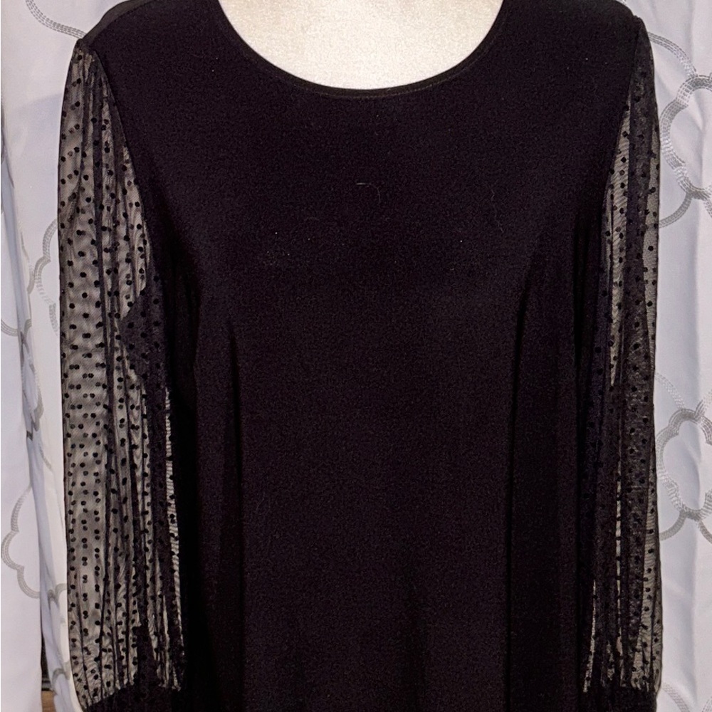 Anne Klein Black Blouse with Sheer Polka Dot Sleeves